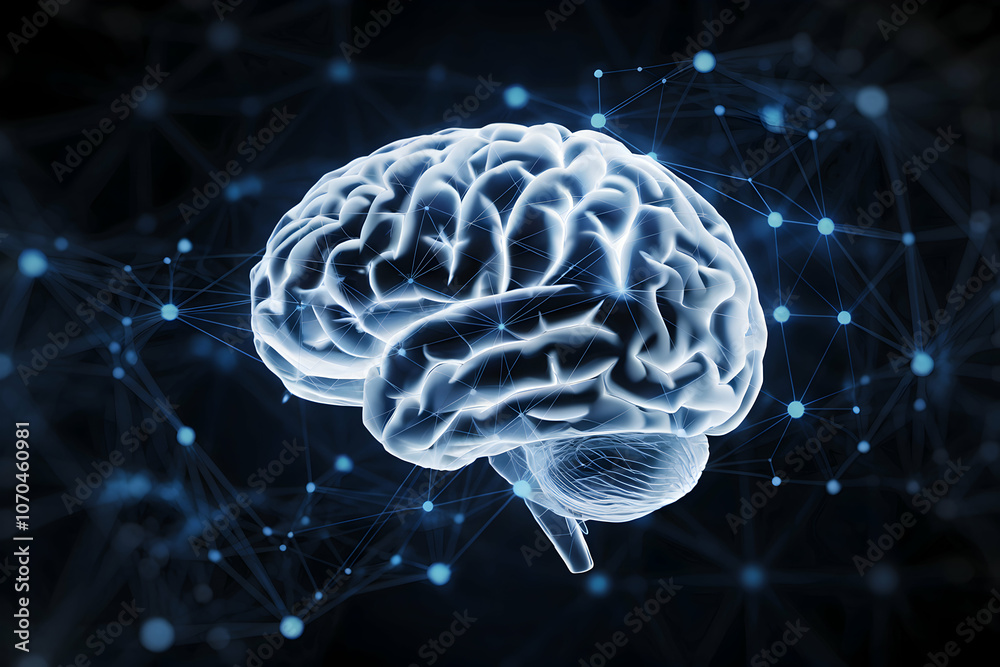 Human brain connected to a glowing blue neural network, dark background Human brain connected to a glowing blue neural network, dark background