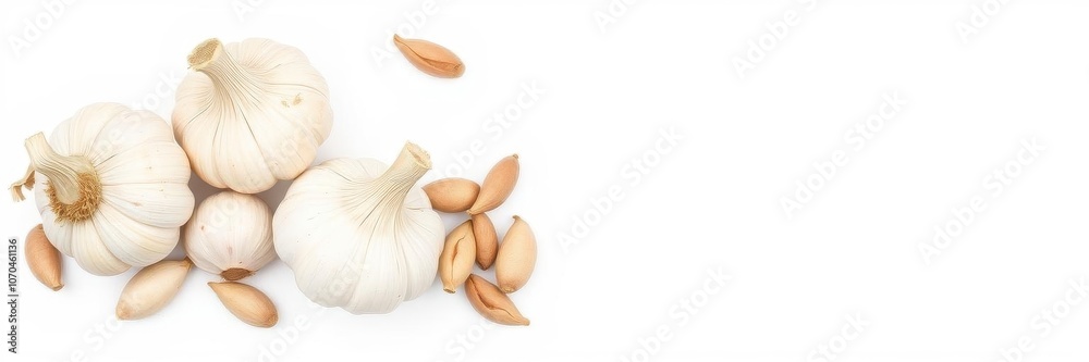 Fresh garlic bulbs with peeled cloves, isolated on a clean white background, natural, culinary Fresh garlic bulbs with peeled cloves, isolated on a clean white background, natural, culinary