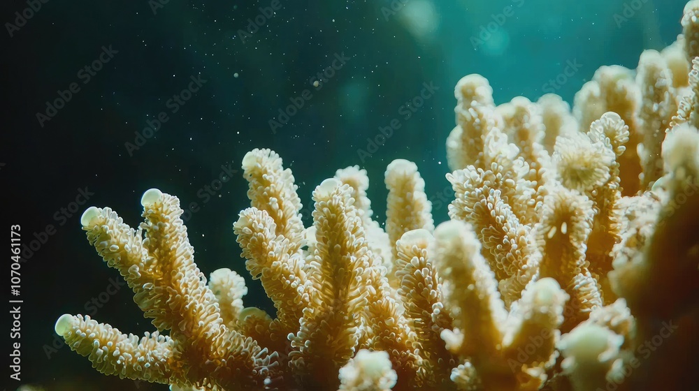 Close-up of a coral reef with small particles floating in the water. Close-up of a coral reef with small particles floating in the water.