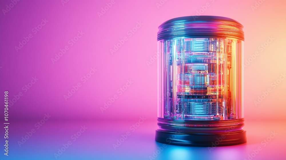 A futuristic glass cylinder with glowing internal circuitry.