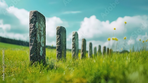 Rows of memorial stones in a peaceful field photo