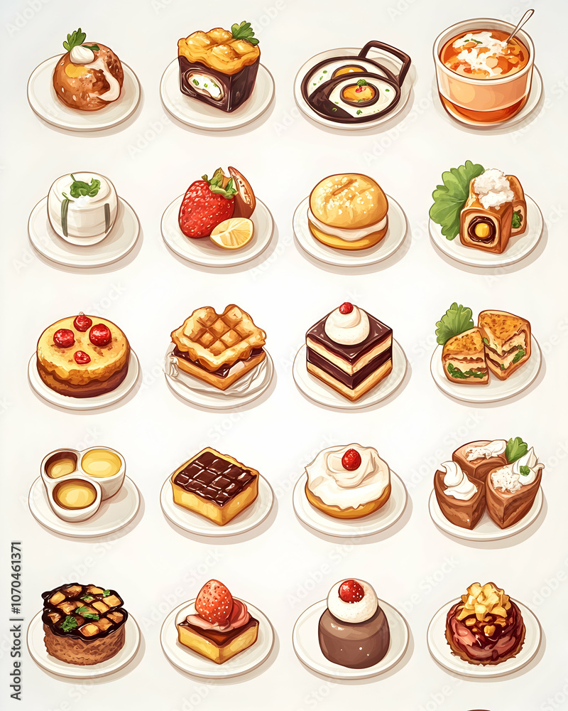 A collection of 20 hand-drawn illustrations of various desserts and pastries. A collection of 20 hand-drawn illustrations of various desserts and pastries.