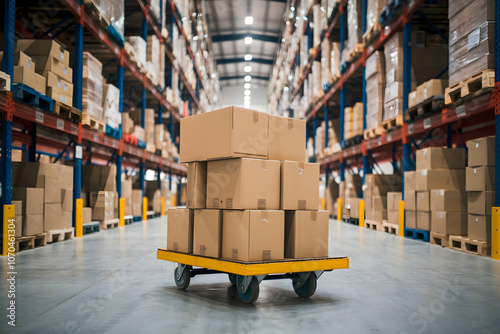 Warehouse with tall shelves and yellow trolley, organized and industrious