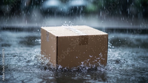 Cardboard box getting wet under the rain outdoors