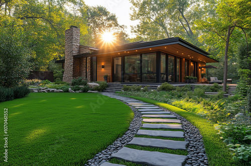 Modern cottage in the woods with a stone walkway, lush green grass, and a black pebble landscape design. Sunlight filters through the trees