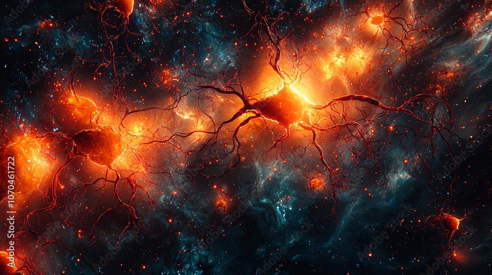 Neuronal Network Illuminated: Vibrant Synaptic Connections in Red and Turquoise Amidst Brain Activity Neuronal Network Illuminated: Vibrant Synaptic Connections in Red and Turquoise Amidst Brain Activity