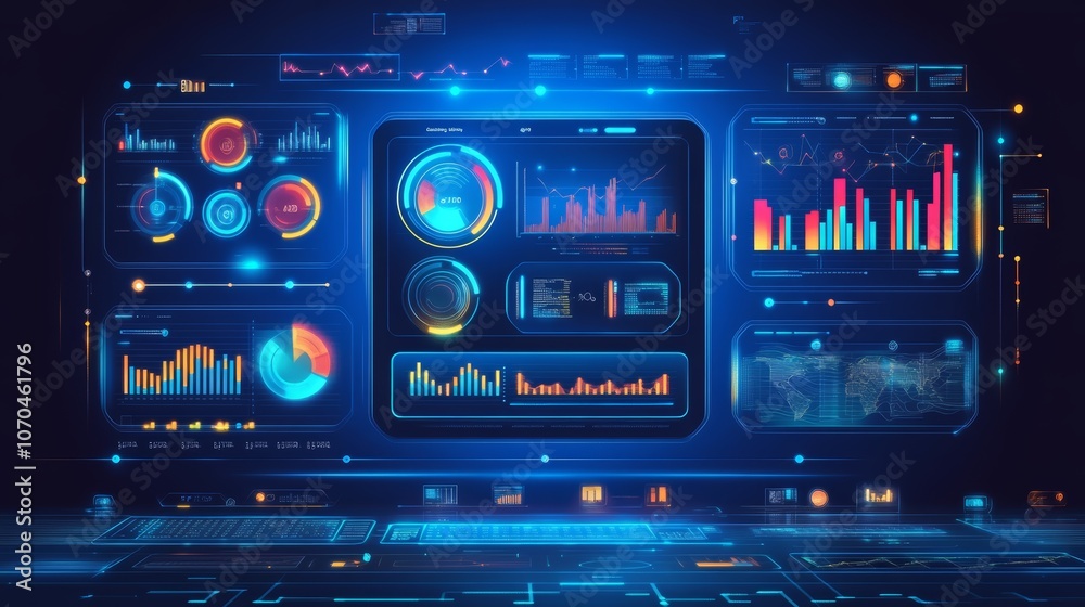 A futuristic, digital interface with a variety of charts and graphs depicting data and information. A futuristic, digital interface with a variety of charts and graphs depicting data and information.