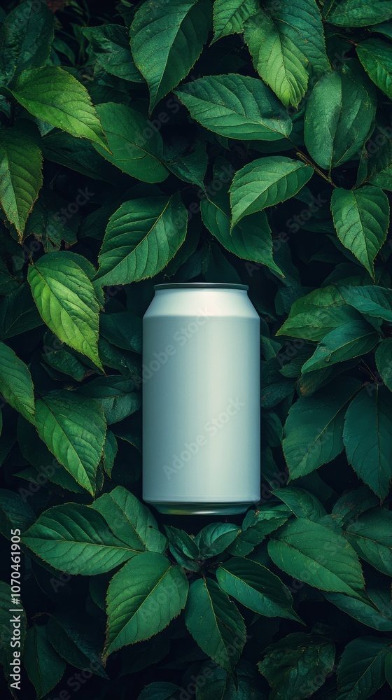 White blank aluminum can resting on lush green foliage White blank aluminum can resting on lush green foliage