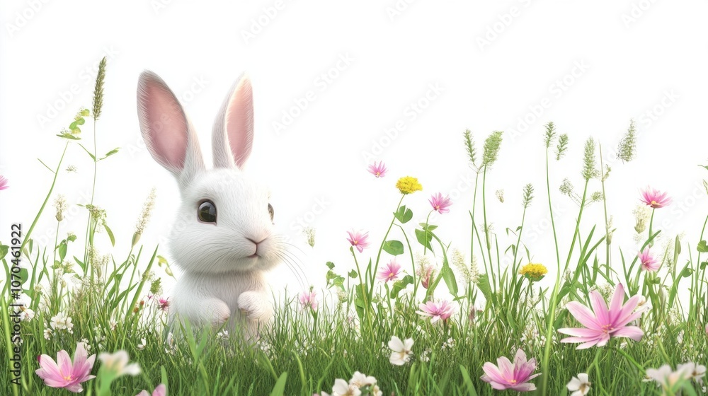 A white rabbit is standing in a field of flowers A white rabbit is standing in a field of flowers