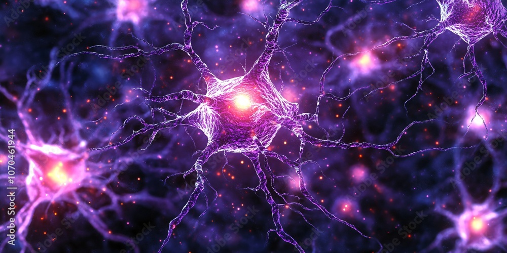 Illuminated Neuron: Close-up of Glowing Green and Yellow Nerve Cell Surrounded by Brain Cells on Dark Background Illuminated Neuron: Close-up of Glowing Green and Yellow Nerve Cell Surrounded by Brain Cells on Dark Background