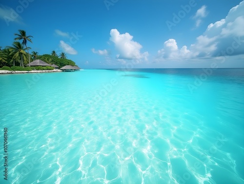 Maldives islands and ocean with tropical beach and coconut palm trees