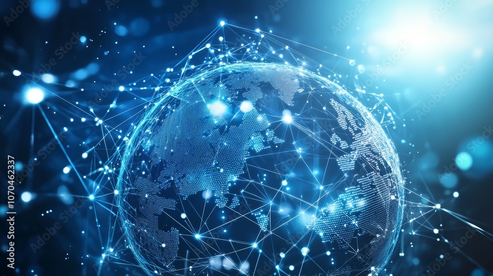 A glowing blue globe is surrounded by connected lines and dots, representing global interconnectedness and digital networks. A glowing blue globe is surrounded by connected lines and dots, representing global interconnectedness and digital networks.