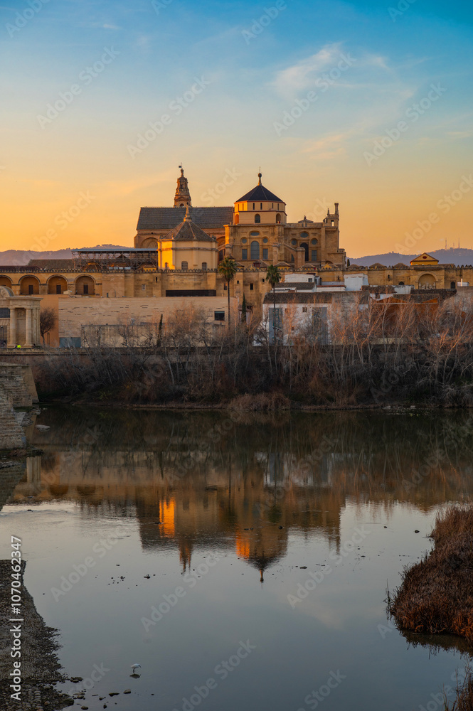 Fototapeta premium Scenic view of the historic Puente Romano and La Mezquita Cathedral in the background in Cordoba, Andalusia, Spain in golden hour at sunset. Roman Bridge on Guadalquivir river and The Great Mosque.