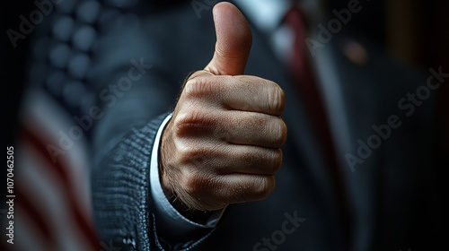Politician showing thumbs up sign with american flag in background