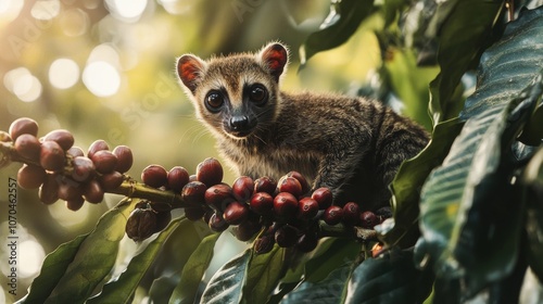 Common palm civet eating coffee beans on coffee plant