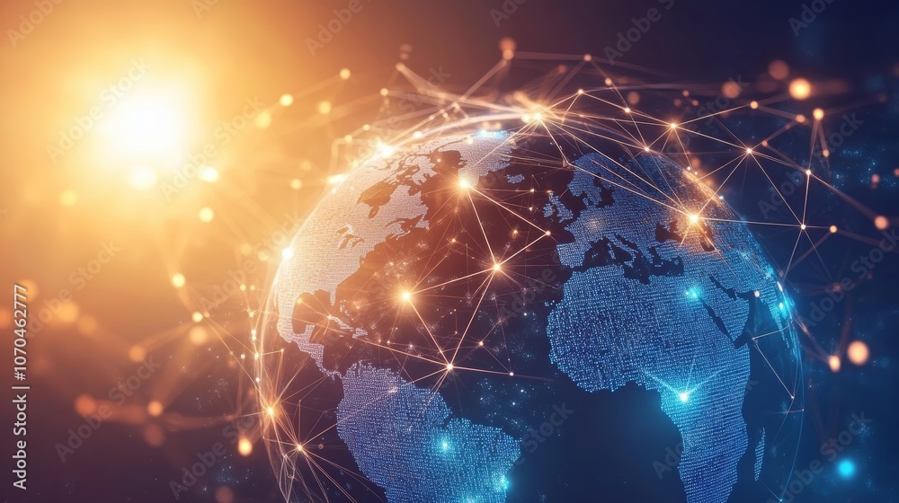 Obraz premium A glowing globe with lines connecting continents, representing global interconnectedness.