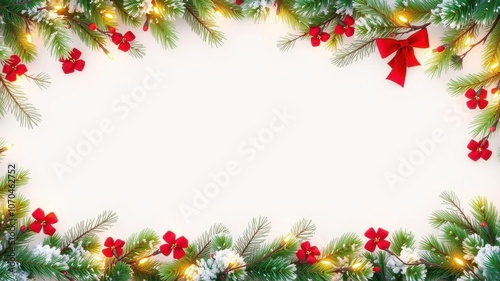 Seamless Christmas border with coniferous branches, garlands, lights, Christmas, holiday