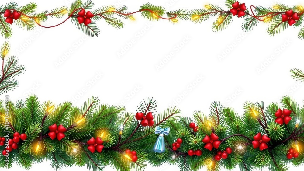 Seamless christmas border with coniferous branches, garlands, lights, coniferous, border Seamless christmas border with coniferous branches, garlands, lights, coniferous, border