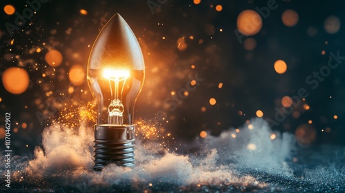 A glowing light bulb on a dark background surrounded by smoke and bokeh lights.