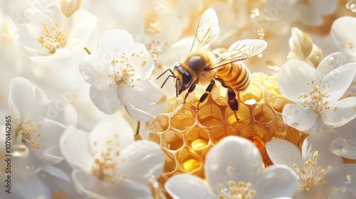 Honey bee standing on honeycomb surrounded by white flowers