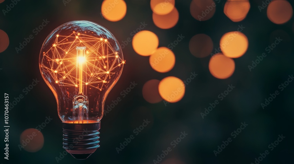 A glowing light bulb with a network of connected lines inside, against a blurred background of warm lights. A glowing light bulb with a network of connected lines inside, against a blurred background of warm lights.