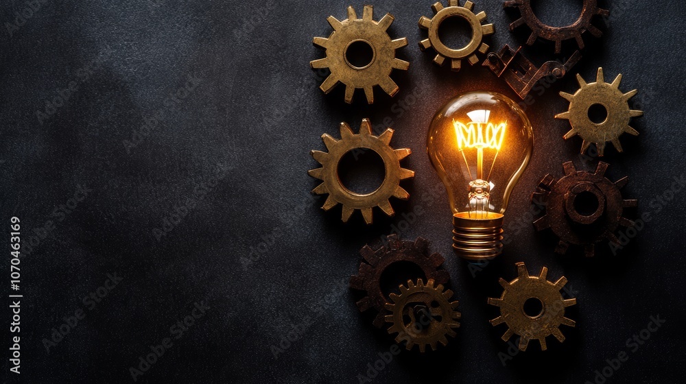 A glowing light bulb surrounded by gears on a dark background, representing innovation and creativity. A glowing light bulb surrounded by gears on a dark background, representing innovation and creativity.