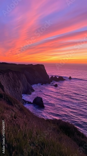 Dramatic sunset illuminating rugged california coastline at dusk