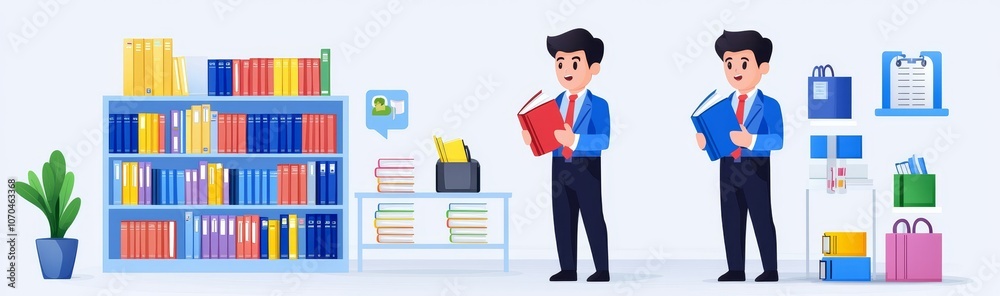 Illustration of a bookstore with a book and seller in the background. Teenager reader inside university on cashier's counter for checkout with librarian. Illustration of a bookstore with a book and seller in the background. Teenager reader inside university on cashier's counter for checkout with librarian.