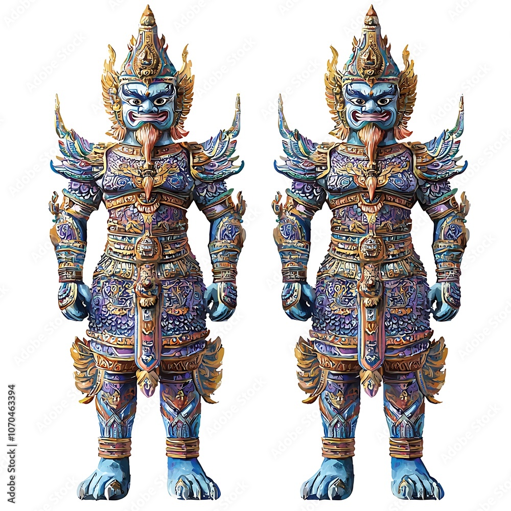 Fototapeta premium Two Ornate Guardian Statues in Traditional Thai Style.