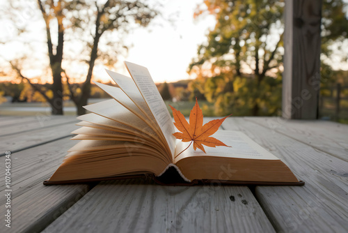 Open book with maple leaf on wooden deck evokes autumnal serenity