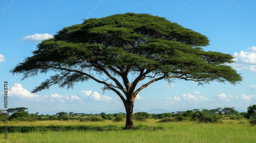 Majestic acacia tree dominating the african savanna landscape under a blue sky Majestic acacia tree dominating the african savanna landscape under a blue sky