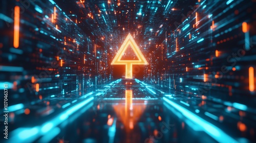 Fototapeta Naklejka Na Ścianę i Meble -  A glowing orange arrow points upwards in a futuristic, abstract tunnel of blue and orange neon lights.