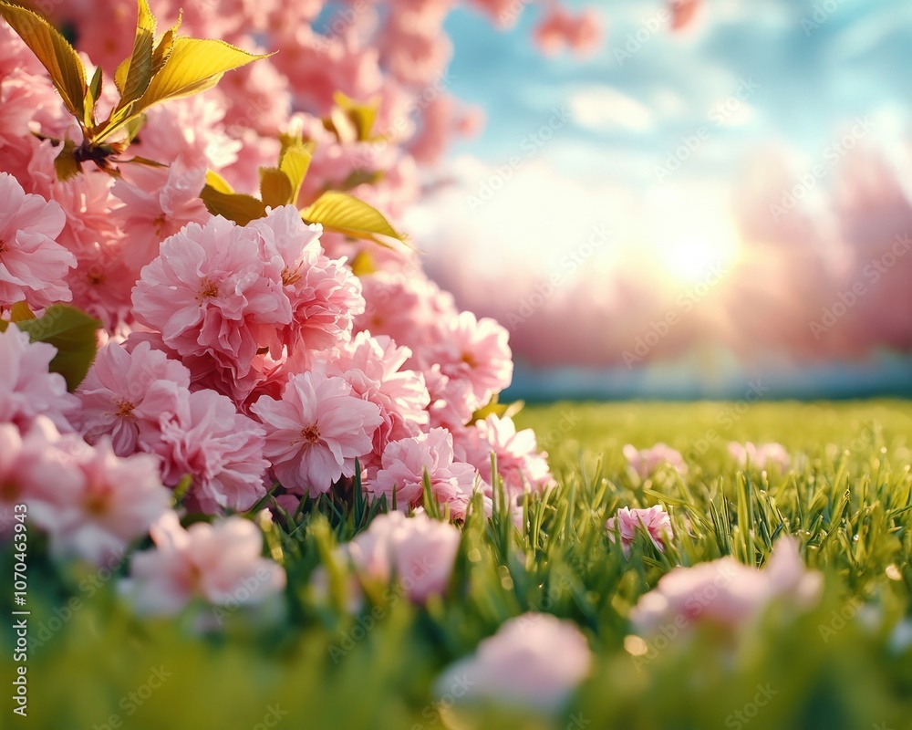 Stunning View of Blossoming Cherry Trees in the Morning Light, Peaceful Spring Scenery with Soft Pink Flowers and Green Grass, Perfect for Your Desktop or Phone Background