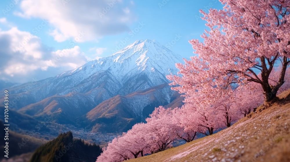 Stunning View of Cherry Blossoms in Full Bloom Against a Majestic Mountain Range, Serenity and Tranquility in the Spring Breeze