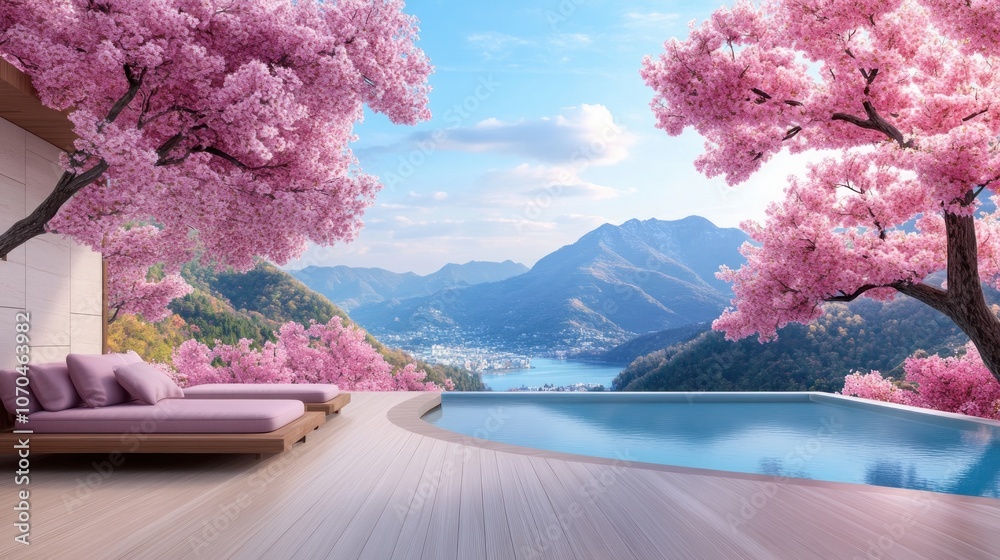 Stunning View of Cherry Blossoms in Bloom Over a Serene River, Capturing the Seasonal Beauty of Spring, A Breathtaking Landscape Photograph