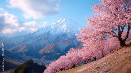 Obraz na płótnie Stunning View of Cherry Blossoms in Full Bloom Against a Majestic Mountain Range, Serenity and Tranquility in the Spring Breeze w salonie