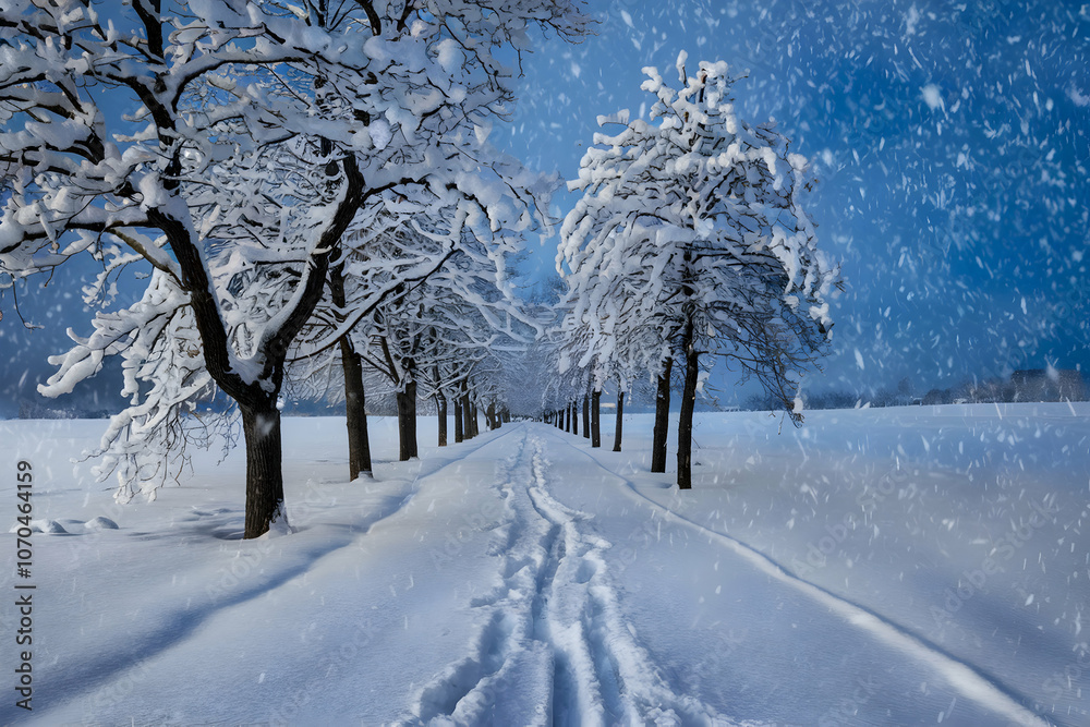 Winter scene with snow laden trees and blue sky evokes serene solitude Winter scene with snow laden trees and blue sky evokes serene solitude