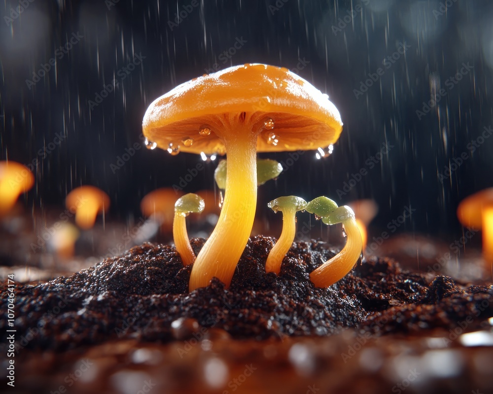 Tiny Green Sprouts Emerging From Rich Soil Underneath a Golden Mushroom, A Symbol of New Life and Growth, Nature's Resilience, Organic Gardening, Sprouting Seeds, Springtime, Freshness, Garden, Soil