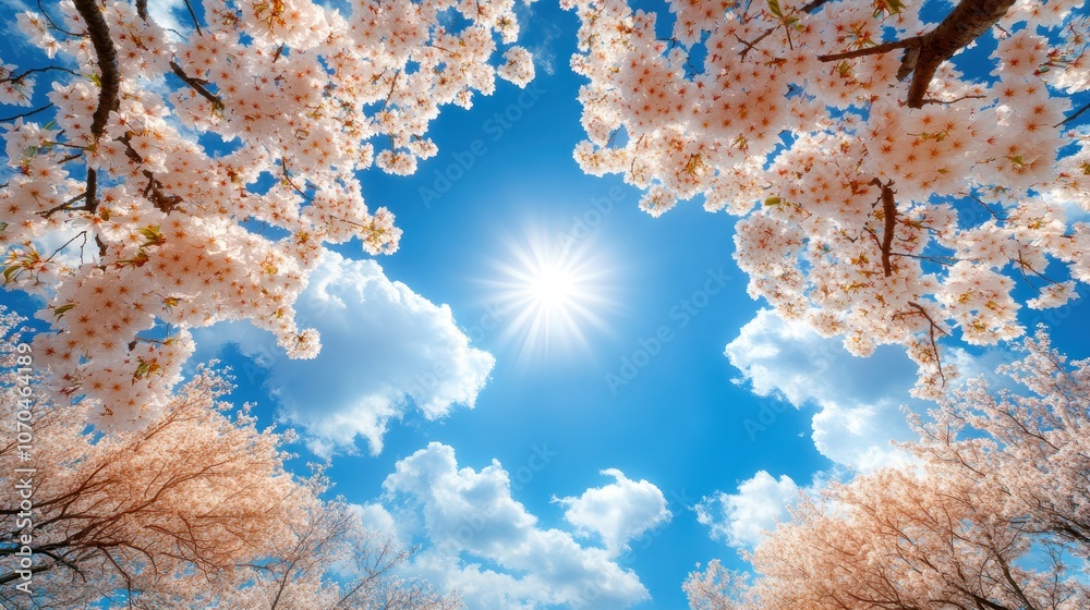 Stunning View of Cherry Blossoms in Full Bloom Under a Bright Spring Sun, a Tranquil Scene of Nature's Beauty The Blossoms Create a Canopy of Delicate Pink Flowers, Illuminating the Sky with Their