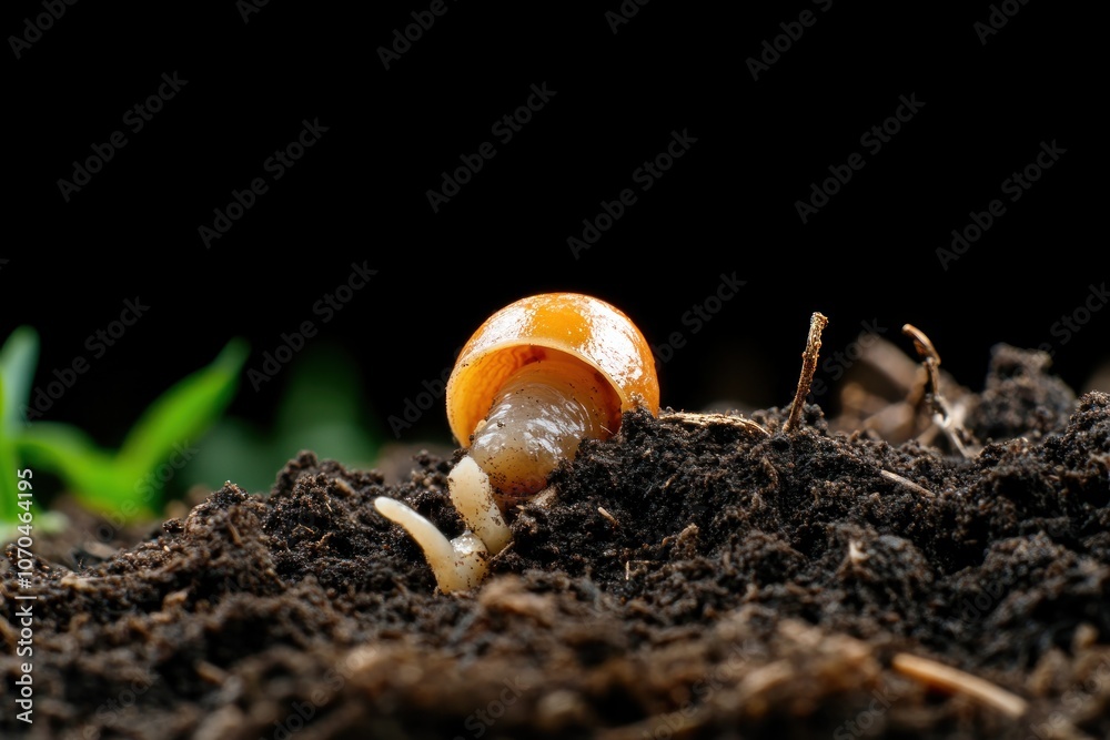 Tiny Sprouting Seed Emerging From Soil, New Life and Potential Growth in the Garden, Closeup Image of Early Stage Plant Development