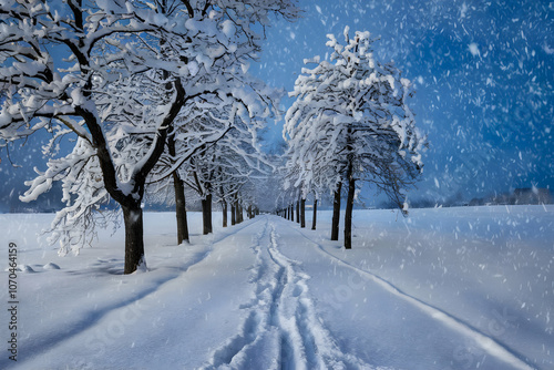 Winter scene with snow laden trees and blue sky evokes serene solitude photo