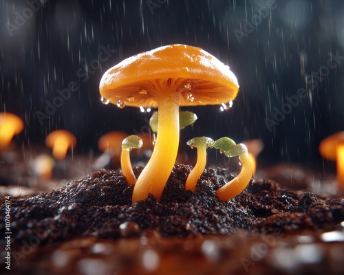 Obraz na płótnie Tiny Green Sprouts Emerging From Rich Soil Underneath a Golden Mushroom, A Symbol of New Life and Growth, Nature's Resilience, Organic Gardening, Sprouting Seeds, Springtime, Freshness, Garden, Soil w salonie