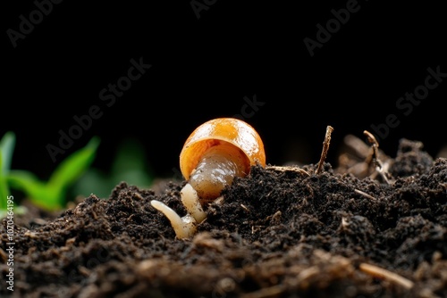 Obraz na płótnie Tiny Sprouting Seed Emerging From Soil, New Life and Potential Growth in the Garden, Closeup Image of Early Stage Plant Development w salonie