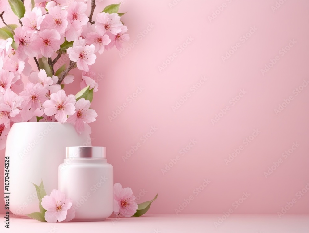 Tranquil Springtime Cherry Blossom Branches in a Vase Against a Soft Pink Background, A Symbol of Peace and Beauty