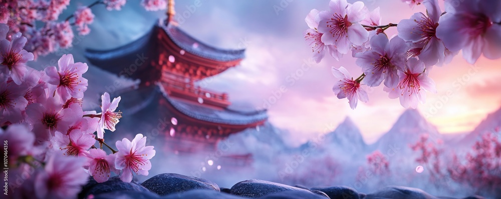 Tranquil Springtime Landscape with Cherry Blossoms and a Serene Japanese Pagoda, Capturing the Essence of Peaceful Serenity in Nature's Embrace