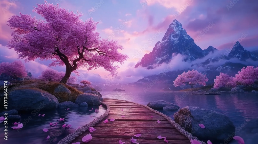 Tranquil Spring Landscape with Blossoming Cherry Trees and a Serene Mountain View, Breathtaking Scenery, Peaceful Nature, Beautiful Flowers, Springtime Serenity, Floral Beauty, Tranquil Waters