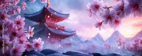 Obraz na płótnie Tranquil Springtime Landscape with Cherry Blossoms and a Serene Japanese Pagoda, Capturing the Essence of Peaceful Serenity in Nature's Embrace w salonie