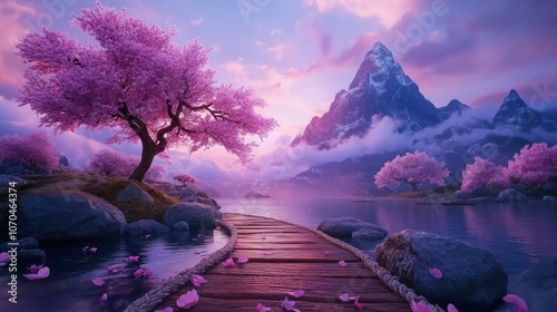 Obraz na płótnie Tranquil Spring Landscape with Blossoming Cherry Trees and a Serene Mountain View, Breathtaking Scenery, Peaceful Nature, Beautiful Flowers, Springtime Serenity, Floral Beauty, Tranquil Waters w salonie