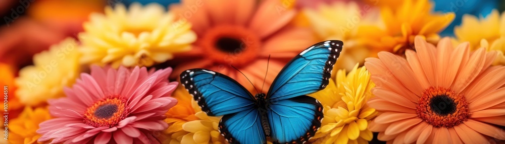 Vibrant Blue Morpho Butterfly Resting on a Bed of Spring Blooms, Capturing the Essence of Nature's Tranquility and Harmony, a Perfect Representation of Spring's Beauty