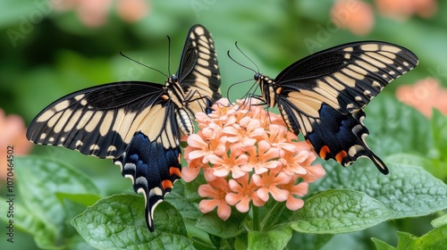 Two Black Swallowtail Butterflies Pollinating Pink Flowers in Sunlight A Moment of Vibrant Biodiversity and Tranquility